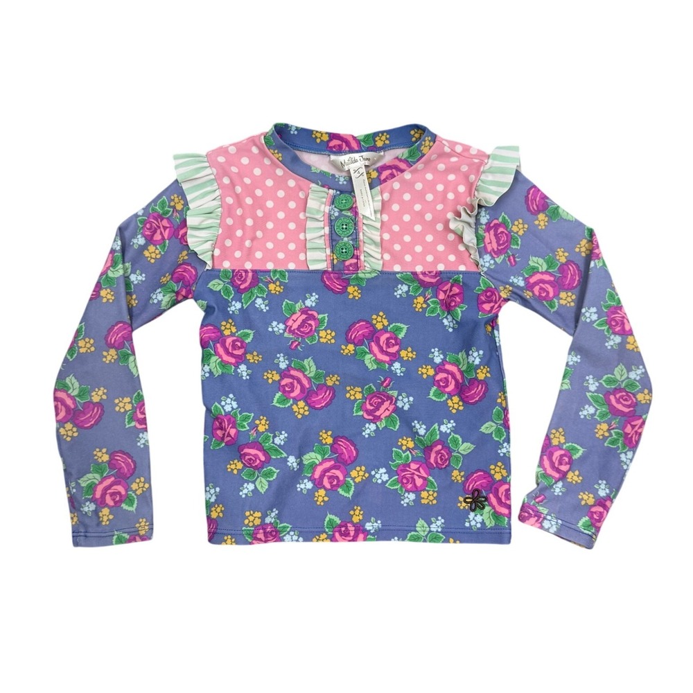 Matilda Jane Girls Floral Polka Dot Rash Guard Swim Top Blue Pink Size 4